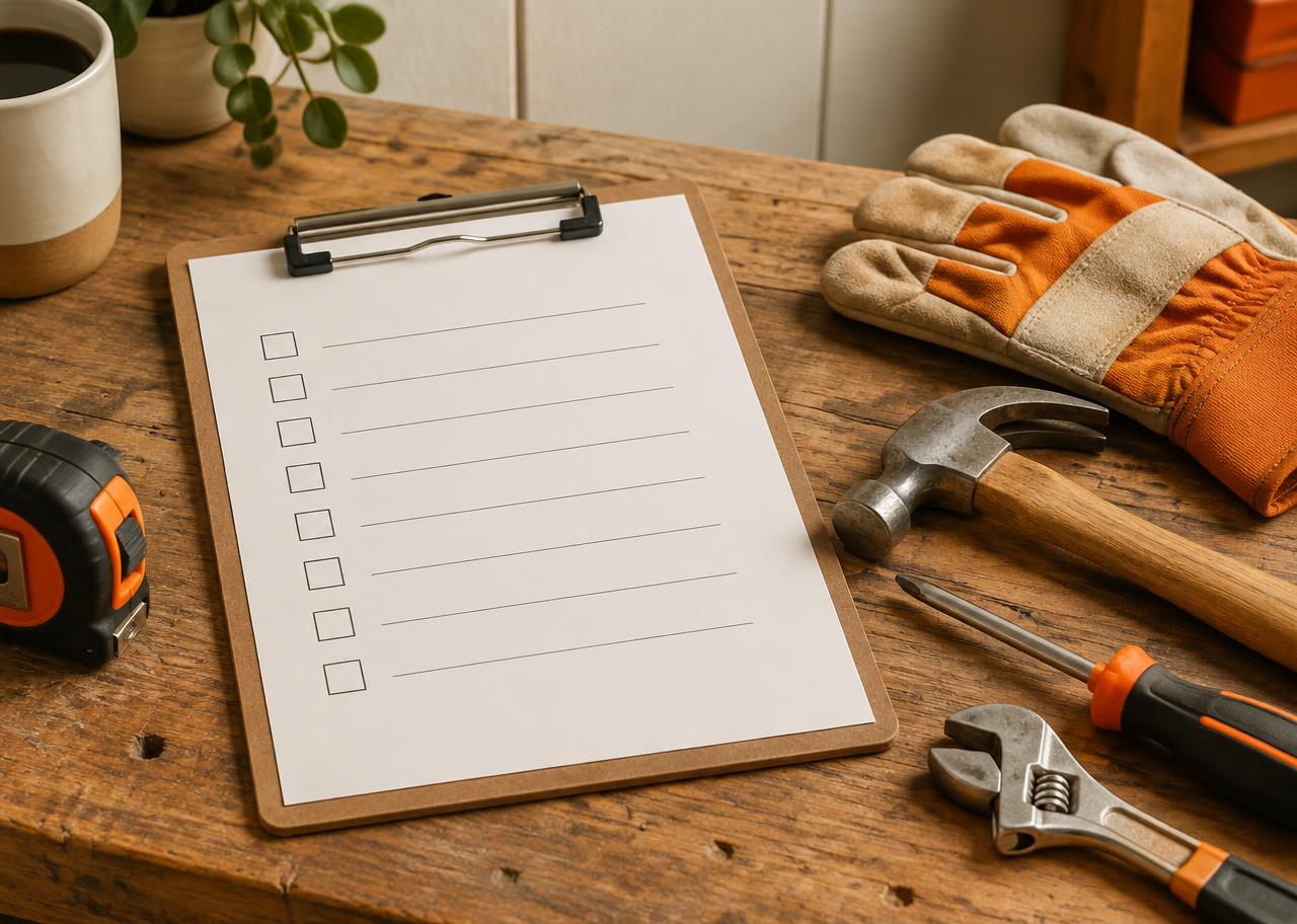 Blank job checklist on a clipboard beside work gloves and hand tools