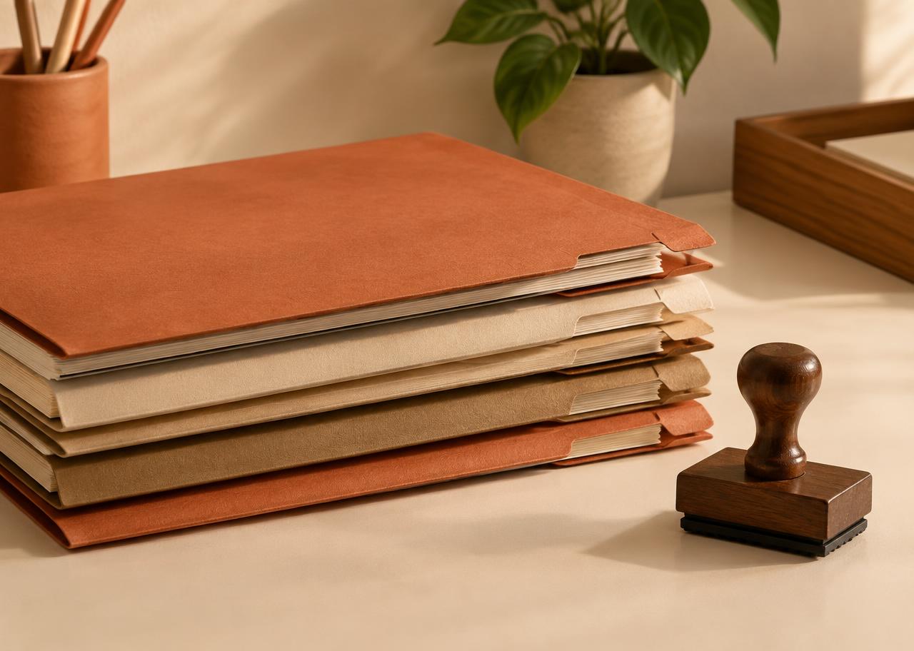 Neatly stacked freight paperwork folders beside a wooden stamp