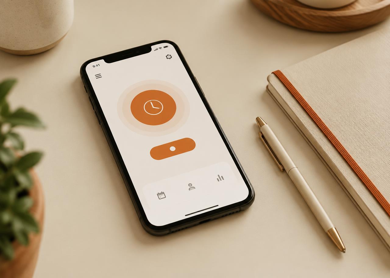Smartphone on a desk showing a simple attendance clock-in screen