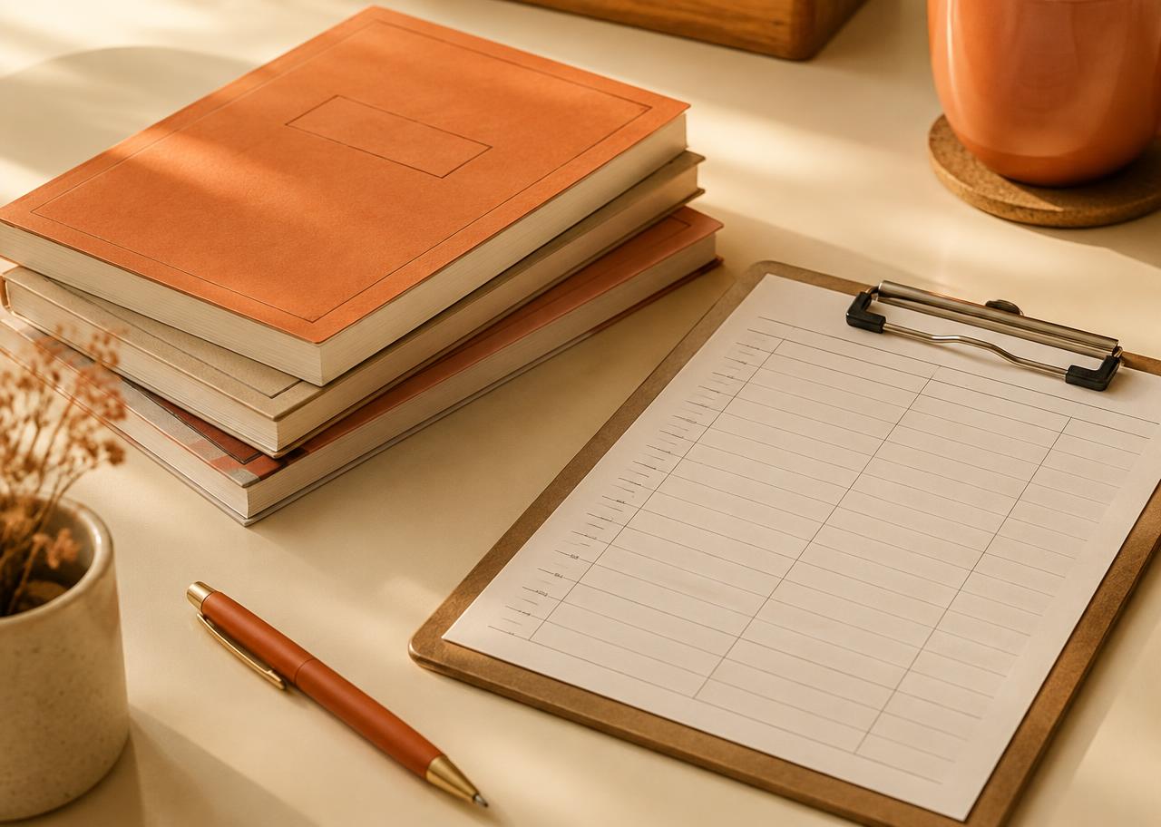 Stacked logbooks and a blank schedule sheet on a clipboard