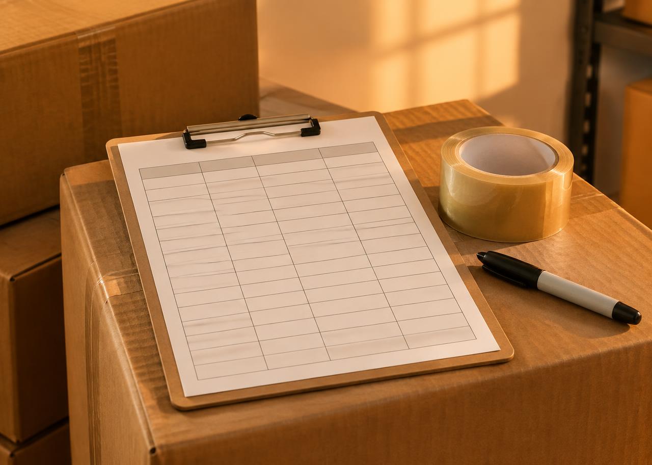 Clipboard with a blank stock count sheet resting on packing boxes